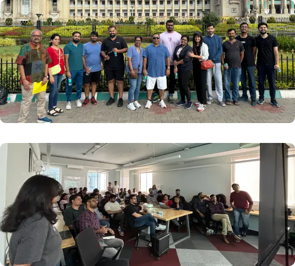Team Augnito posing in front of historic building with ornate architecture and gardens; employees attending company presentation in Augnito office, attentively listening to speaker