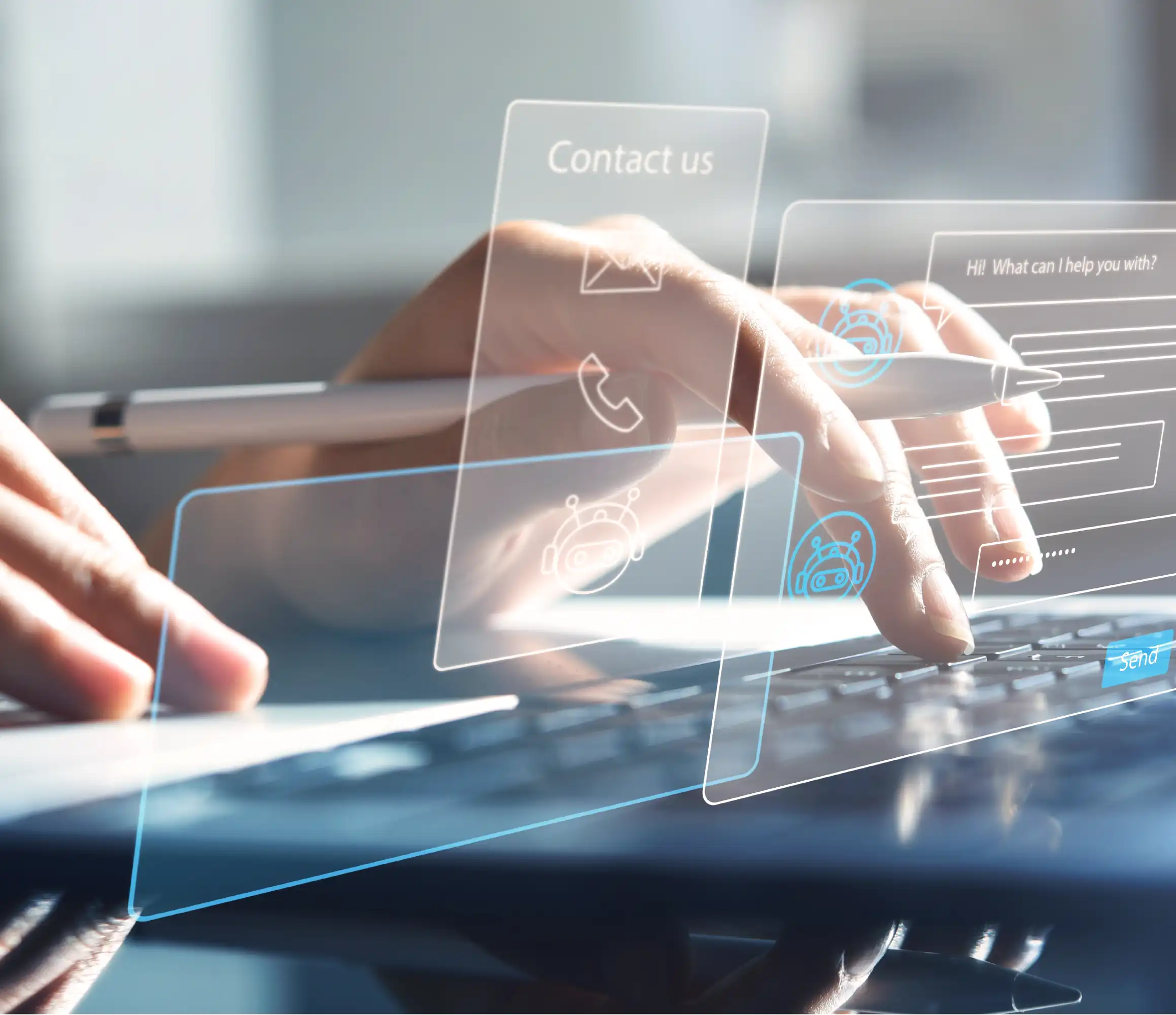 Hands typing on laptop with futuristic holographic interface displaying 'Contact us' and chatbot assistance options