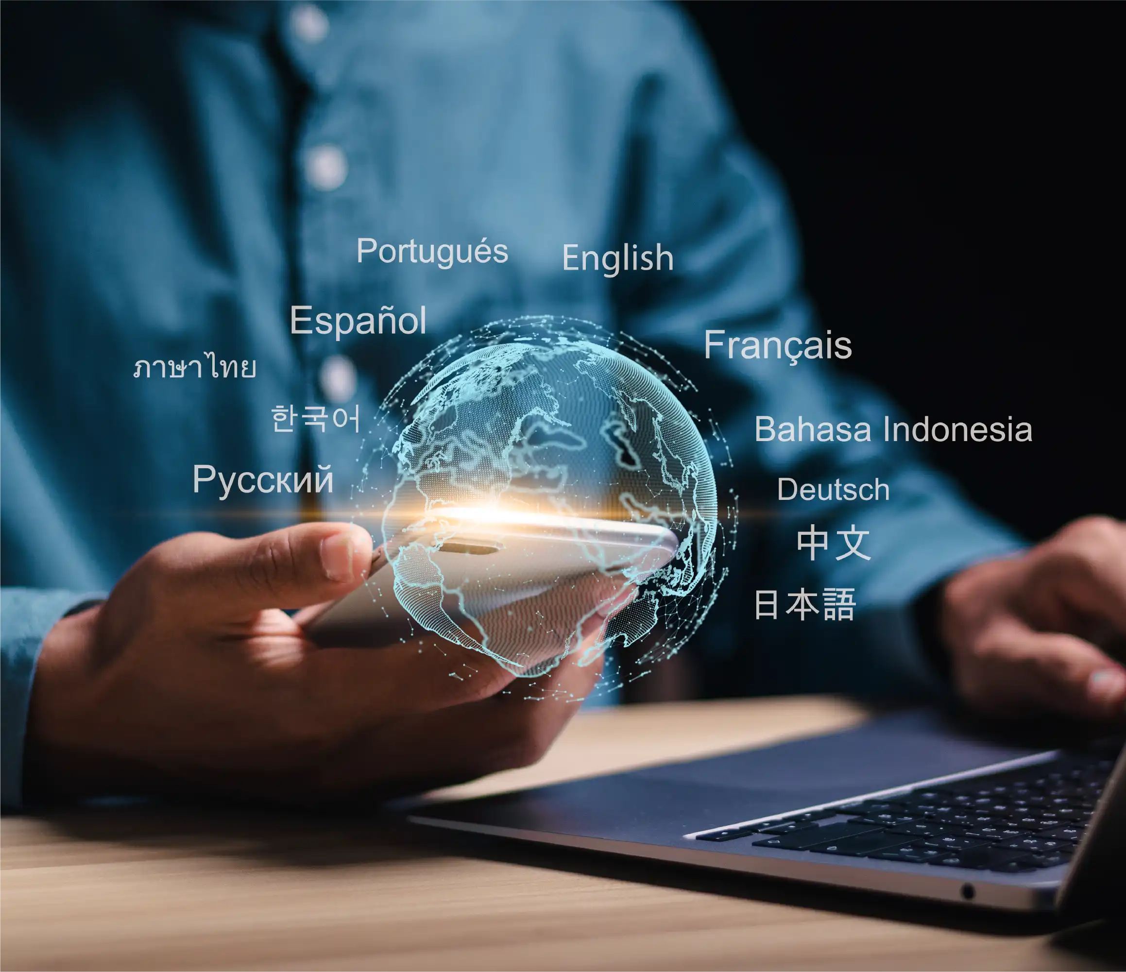 Hands holding smartphone with holographic globe, surrounded by multiple language names, showcasing global multilingual capabilities