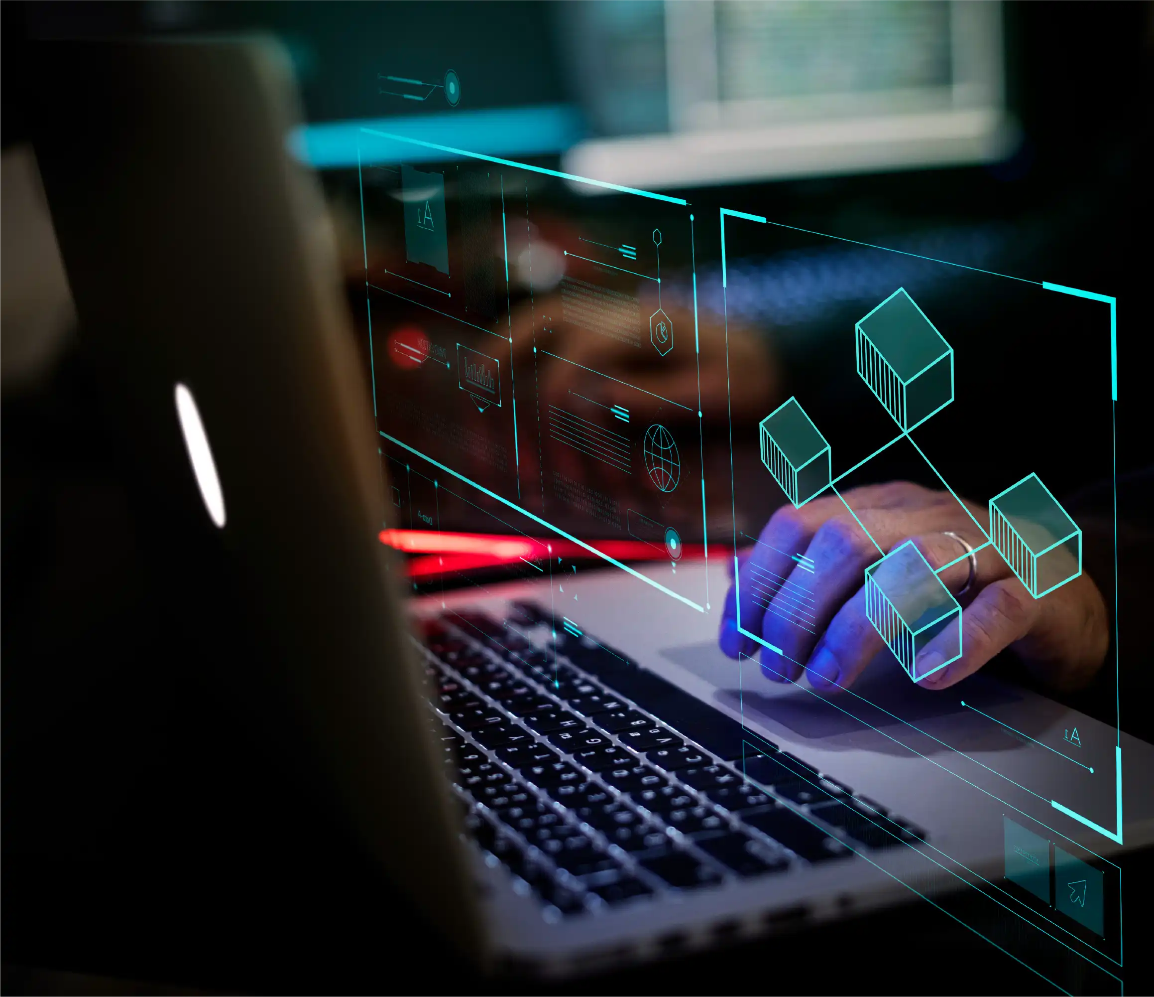 Hands typing on laptop with futuristic holographic interface displaying data analytics and cloud storage icons